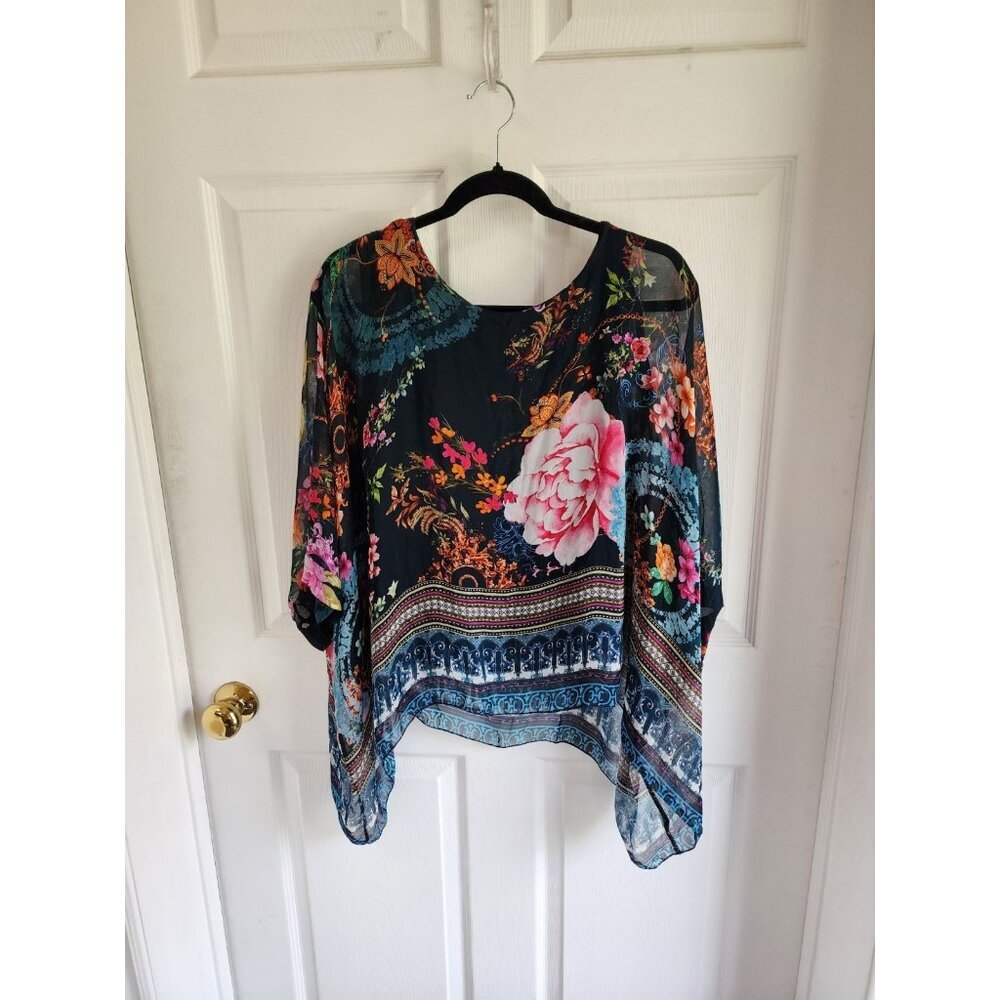 Beyond Capri OS Blue Silk Sleeveless cape blouse